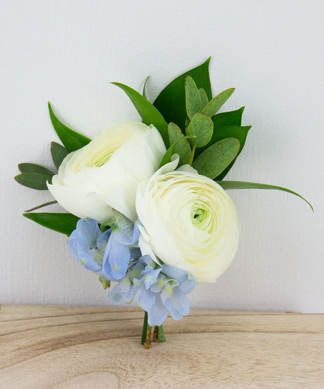 Ranunculus & light Blue Delphinium Boutonniere