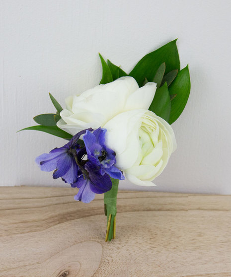 Ranunculus & Dark Blue Delphinium Boutonniere
