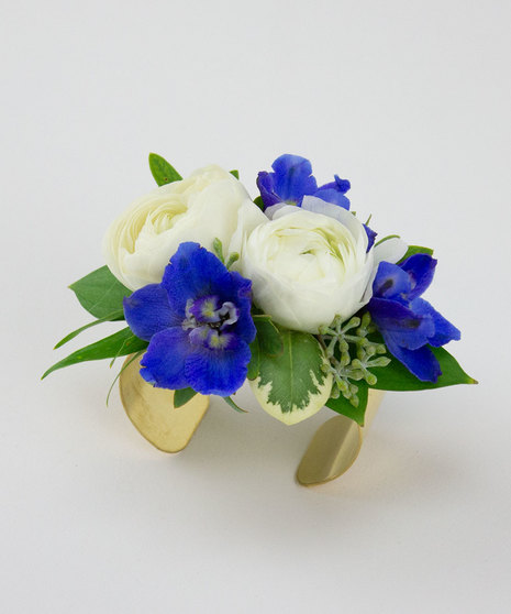 Ranunculus & Dark Blue Delphinium Wristlet