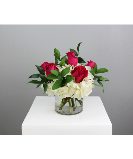 Half dozen roses with white hydrangea is a classic floral arrangement featuring a half dozen roses artfully arranged in a 5x5 clear glass cylinder vase