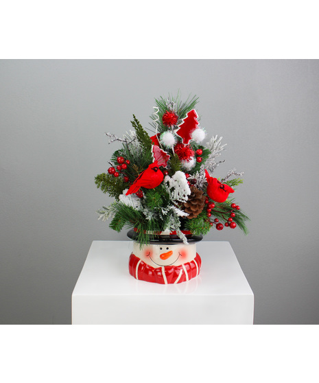 Cardinal Snowman Silk Arrangement