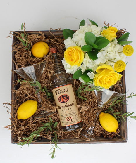 vodka, titos, martini, gift crate, hydrangea, yellow roses, billy balls