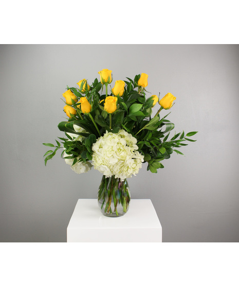 One Dozen Yellow Roses with Hydrangea